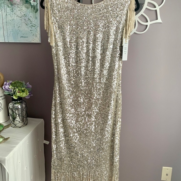 Gorgeous Frank Lyman Sequin dress with fringe Sz M - Picture 5 of 16